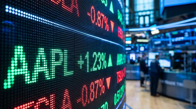 A close-up view of a digital stock market ticker display showing illuminated financial figures.