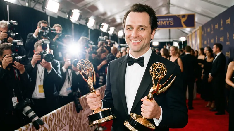 Actor Matthew Rhys smiling and holding two golden Emmy statuettes while wearing a black tuxedo.