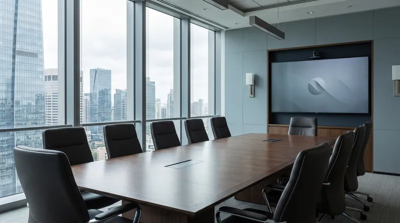 A modern corporate boardroom with empty leather chairs and a long wooden table.