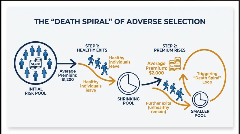 How adverse selection can trigger an insurance death spiral if left unchecked.