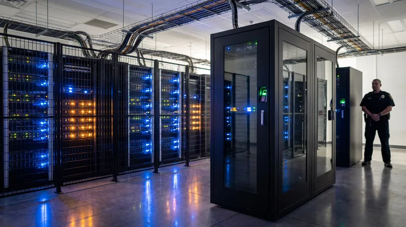 A dimly lit server room with glowing blue and amber lights on rows of hardware racks.