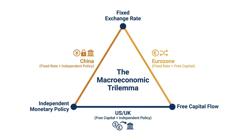 The impossible trinity: a nation can only choose one side of the triangle, sacrificing the opposite point.