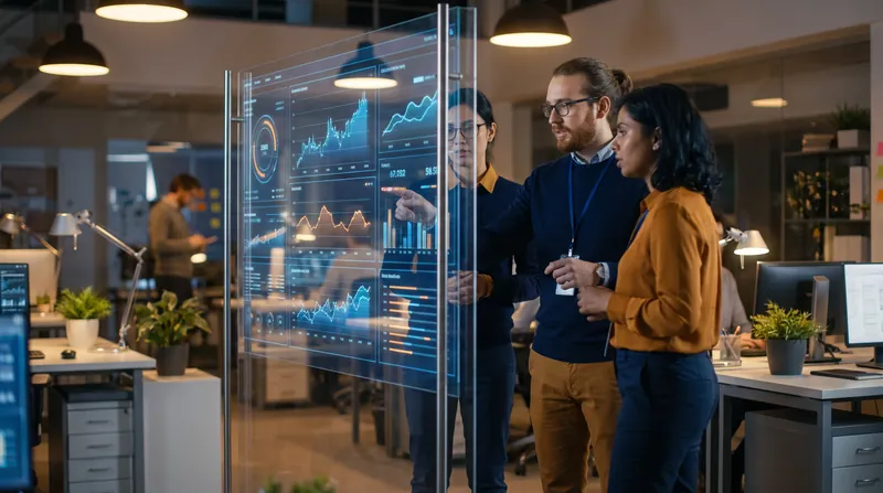 A team of data scientists analyzing complex statistical charts on a transparent glass screen.