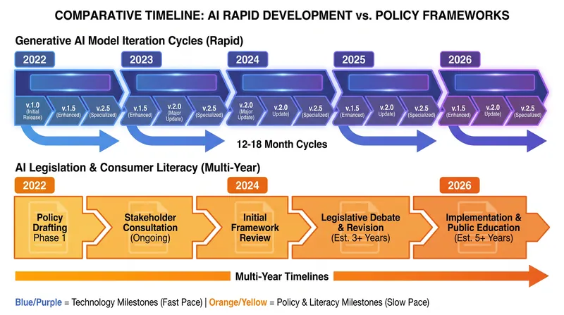 While software iterates in months, the regulatory and cultural frameworks required to govern it take years to establish.