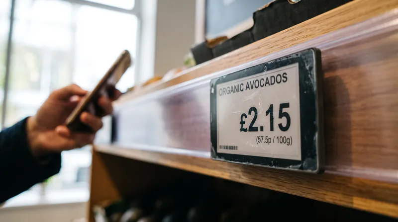 A close-up view of a digital electronic price tag on a grocery store shelf with a shopper in the background.