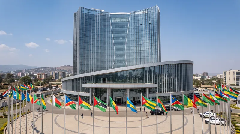 The modern glass and steel architecture of the African Union headquarters building in Addis Ababa, Ethiopia.