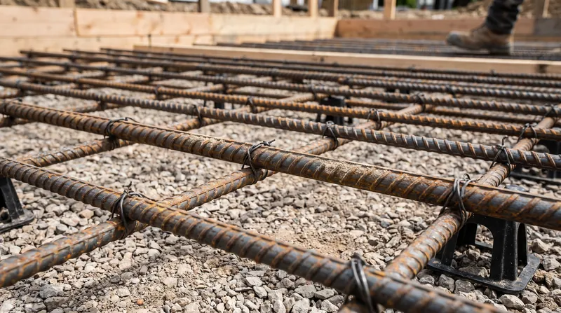 A grid of ribbed steel rebar tied with wire, suspended above a gravel base before a concrete foundation pour.