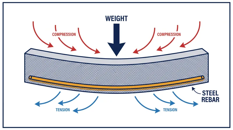 When a concrete slab bends, the top compresses while the bottom stretches, transferring the tensile load directly to the embedded steel.