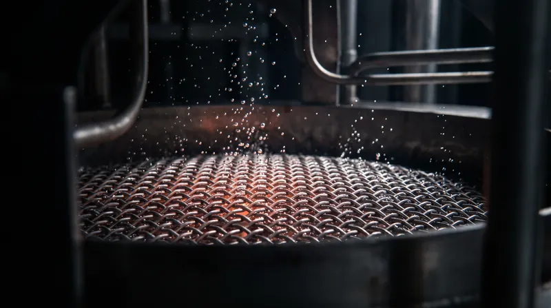 A close-up view of a metallic catalyst mesh glowing faintly in a chemical reactor.