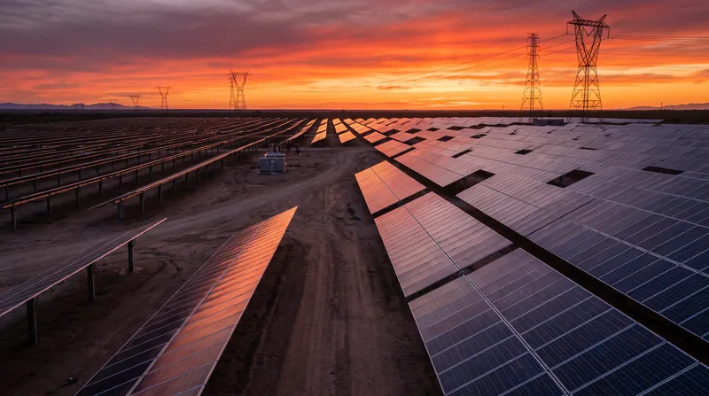 Rows of utility-scale solar panels stretching toward the horizon at sunset with transmission towers.