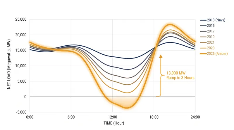 The California Duck Curve illustrates the steep evening ramp rate required as solar production falls and demand peaks.