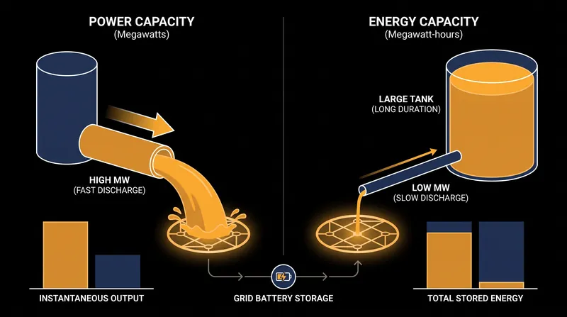Grid batteries must balance how fast they can discharge (power) with how long they can run (energy).