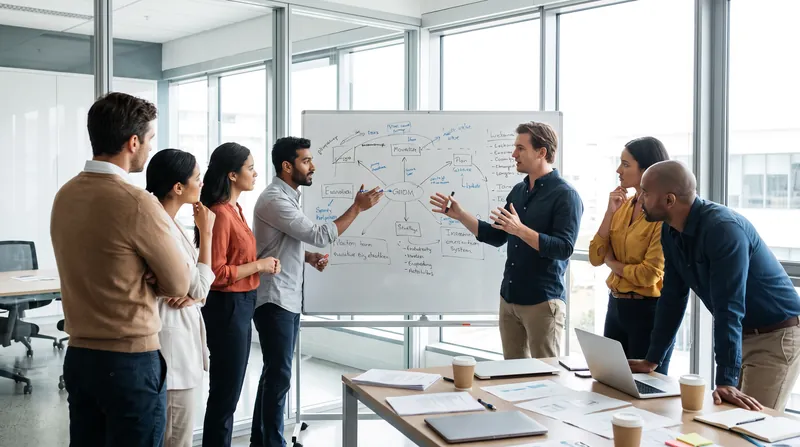 A diverse corporate team engaged in a structured, intense whiteboard debate in a modern office.