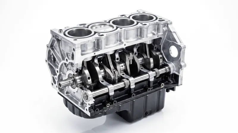A cutaway view of a modern automotive engine block showing the crankshaft and internal balance shafts.