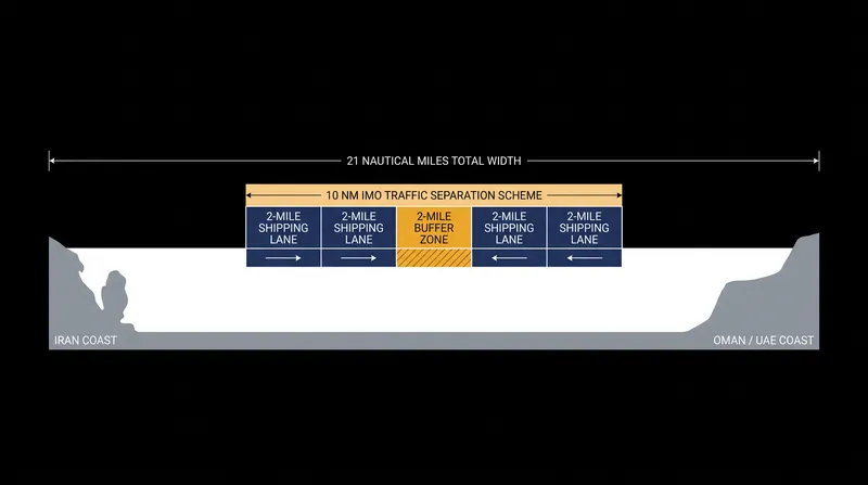 The IMO's 10-mile Traffic Separation Scheme allocates specific lanes for inbound and outbound VLCCs.