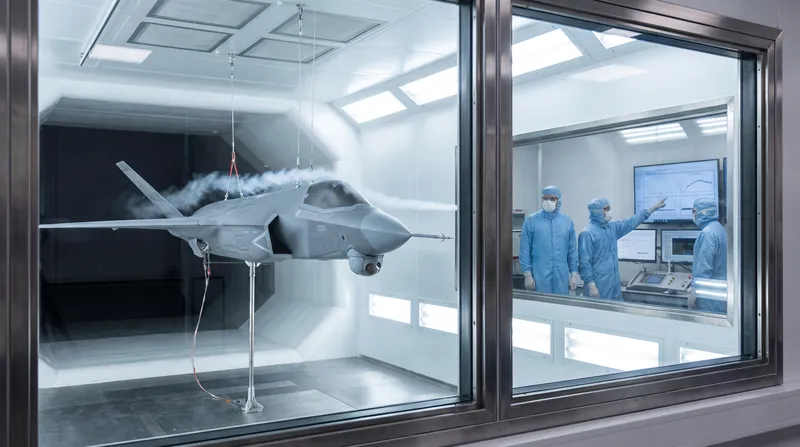 Engineers observe a high-fidelity uncrewed aerial vehicle prototype undergoing wind tunnel testing in a defense laboratory.