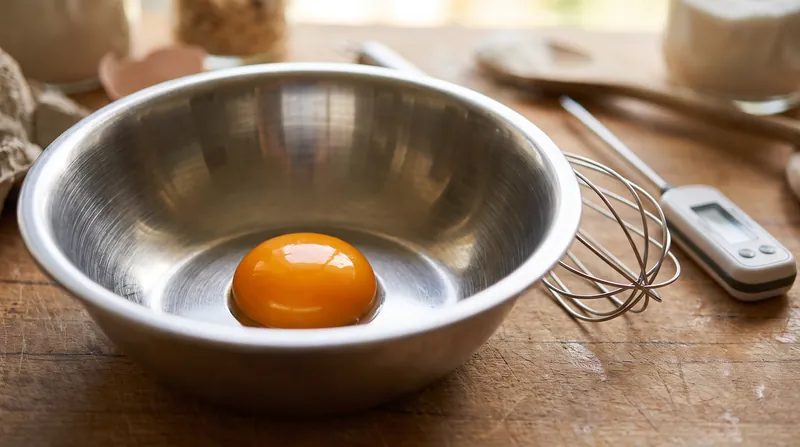 A raw, bright orange egg yolk sits perfectly intact inside a stainless steel mixing bowl.