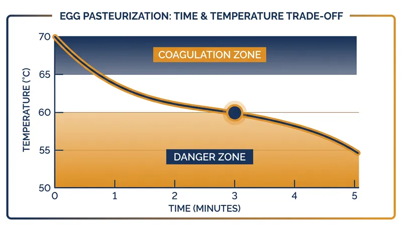 The thermal window where Salmonella is destroyed before yolk proteins denature.