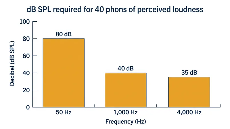 Low-frequency sounds require significantly more physical acoustic energy to match the perceived volume of mid-range tones.
