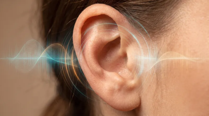Close-up of a human ear with abstract glowing sound waves and frequency lines overlaid.