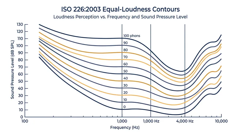 Modern equal-loudness contours demonstrate the sharp drop in acoustic power required to perceive mid-high frequencies.