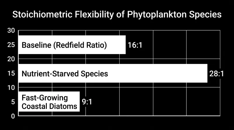While the global ocean averages a 16:1 ratio, individual microalgae populations exhibit extreme stoichiometric plasticity based on local nutrient availability.
