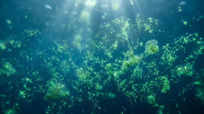 A dense, glowing green bloom of microscopic phytoplankton suspended in deep blue ocean water.