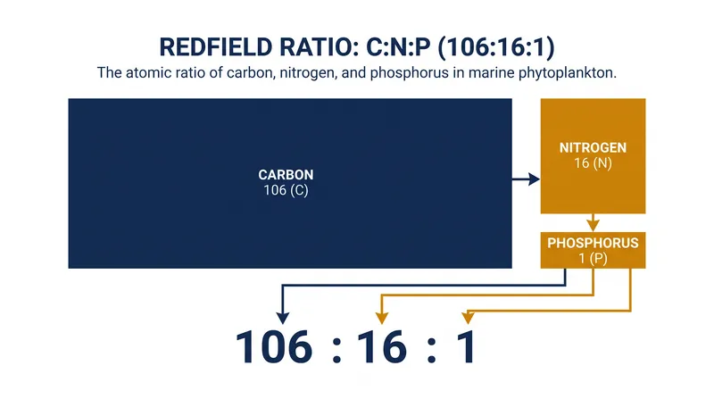 The Redfield ratio dictates that marine biomass universally averages 106 parts carbon to 16 parts nitrogen to 1 part phosphorus.