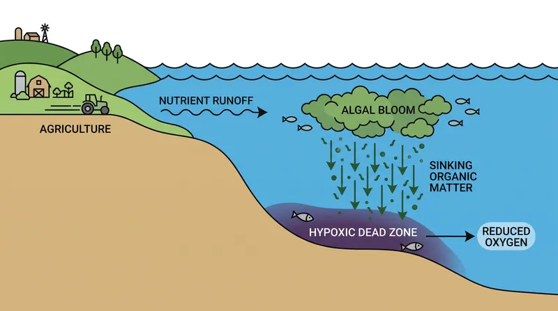 When synthetic fertilizers alter the natural nitrogen-to-phosphorus balance, uncontrolled algal blooms strip oxygen from the water column, creating dead zones.
