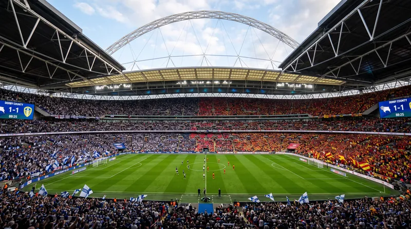 A wide view of a packed Wembley Stadium during a high-stakes soccer match under bright floodlights.