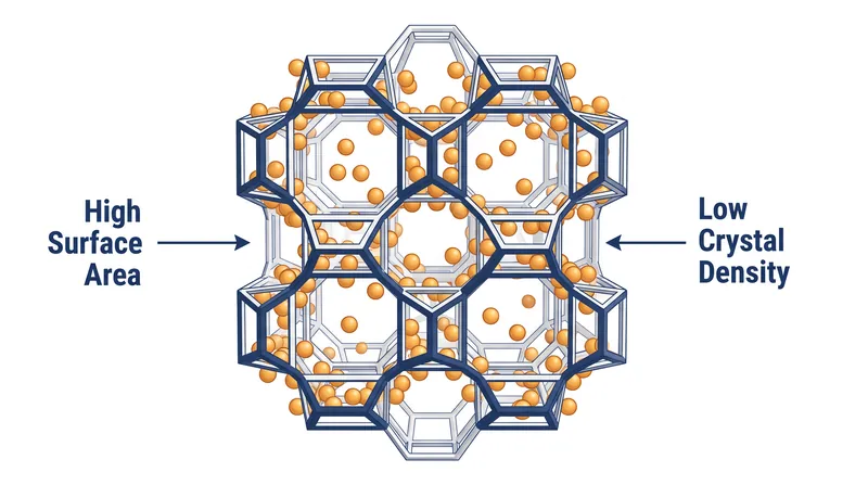 Metal-Organic Frameworks use vast internal surface areas to trap hydrogen molecules, but larger pores reduce the material's overall density.