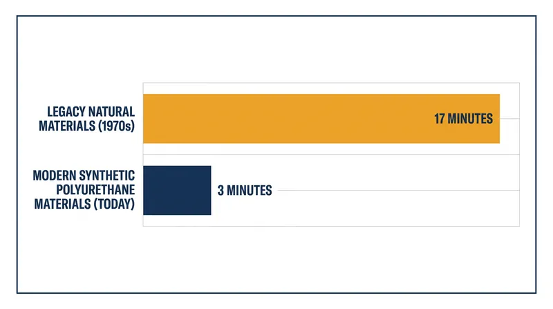 Modern synthetic furnishings have reduced the safe egress window during a house fire from 17 minutes to roughly 3 minutes.