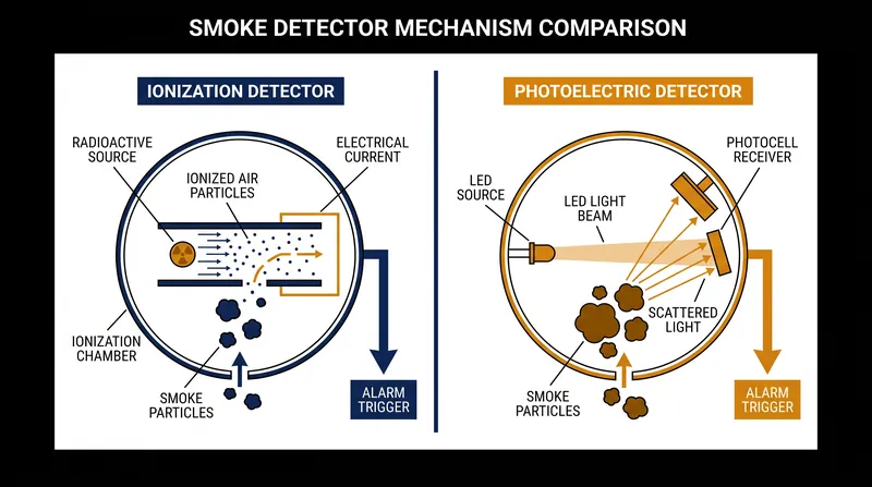 Ionization sensors detect microscopic particles from fast-flaming fires, while photoelectric sensors catch the larger particles produced by smoldering materials.