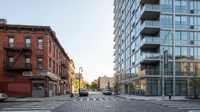Urban street corner showing older working-class homes standing directly next to newly constructed modern luxury apartments.