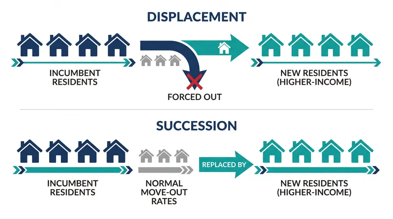 Researchers distinguish between direct displacement and demographic succession when analyzing neighborhood change.