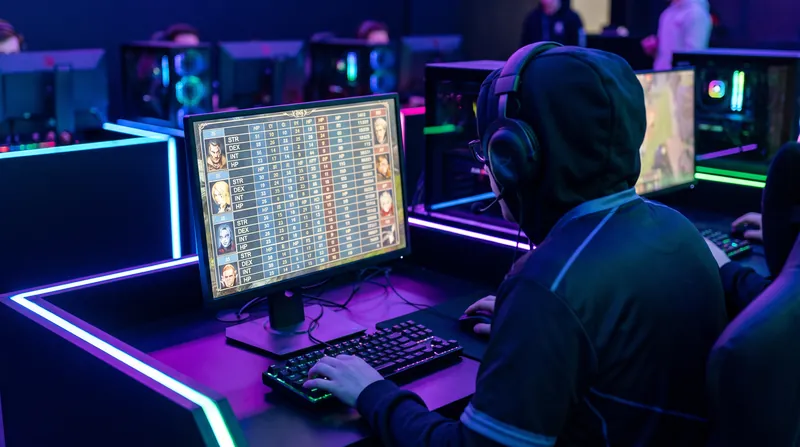 A competitive gamer analyzing a complex spreadsheet of RPG stats on a glowing monitor in a dark room.