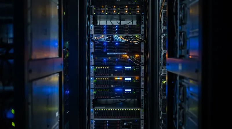 A modern server room rack with glowing blue and amber lights representing database storage infrastructure.
