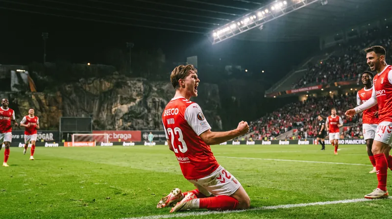 Jonas Wind of SC Braga celebrating on the pitch in a red jersey during a night match.