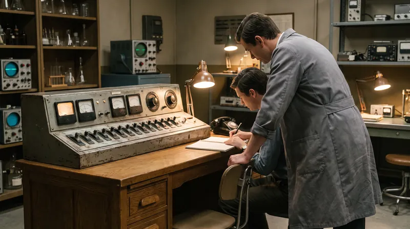 A vintage 1960s control panel with a row of switches sits on a wooden desk.