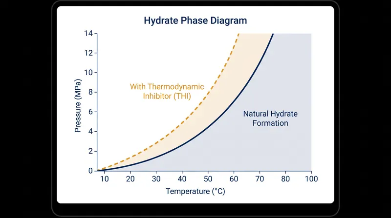 Thermodynamic inhibitors like methanol shift the hydrate phase boundary, requiring lower temperatures or higher pressures for crystals to form.