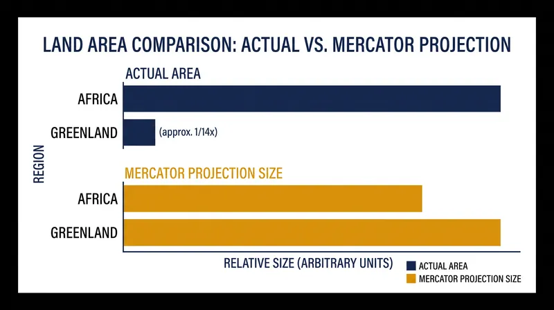 The Mercator projection preserves angles for navigation but massively inflates the area of landmasses near the poles.