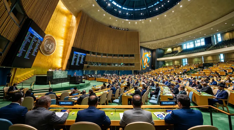 Wide view of the United Nations General Assembly hall showing delegates seated at desks during a session.