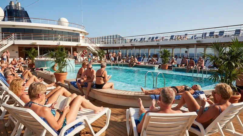 Passengers relaxing on lounge chairs around a bright, sunny cruise ship pool deck.