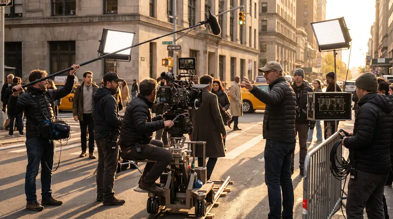 A film crew operates a large cinema camera on a city street during golden hour.