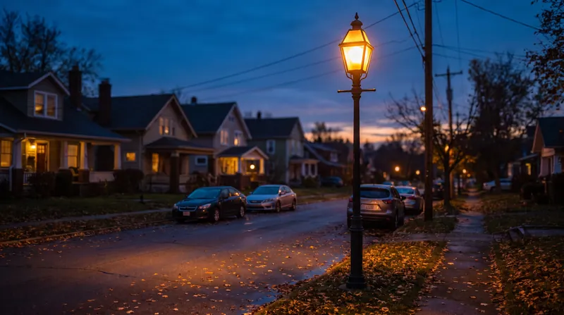 A single illuminated streetlight stands against a dark twilight sky, casting a warm glow over a quiet residential street.