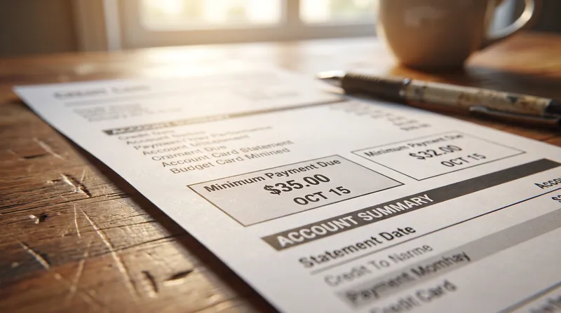 A close-up view of a printed credit card statement highlighting the minimum payment due section.