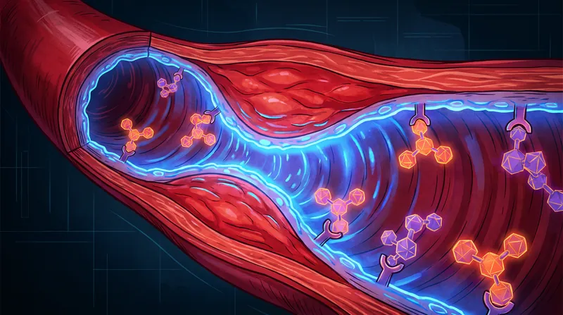 A scientific illustration showing a cross-section of a blood vessel narrowing as molecular structures bind to its walls.