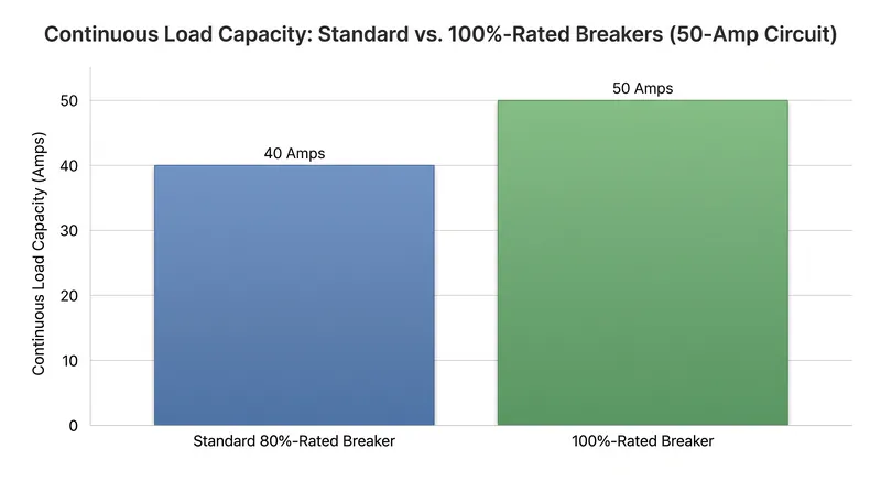 Commercial 100%-rated breakers can carry their full nameplate rating indefinitely, unlike standard residential hardware.