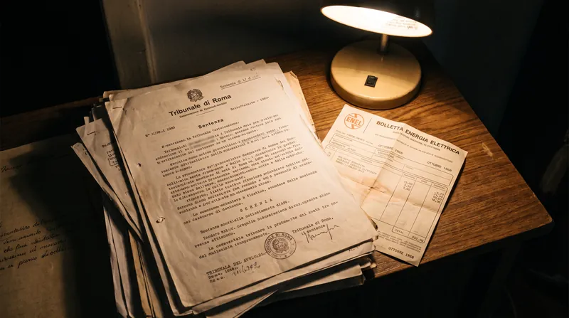 Vintage Italian legal documents and an ENEL electricity bill resting on a wooden desk.