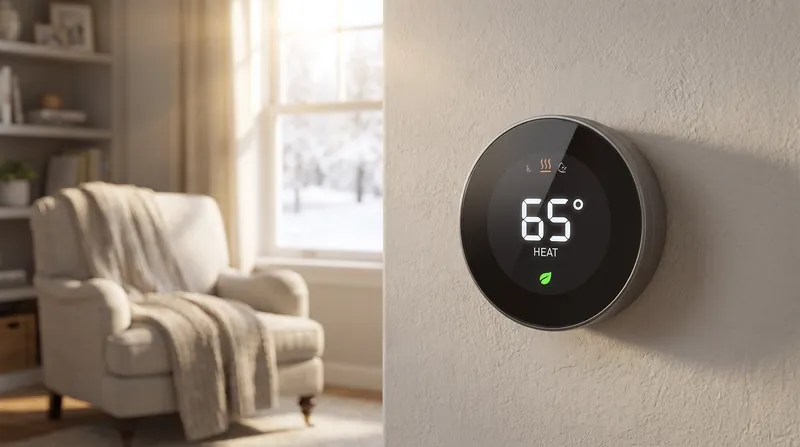 A close-up view of a modern smart thermostat mounted on a wall displaying a temperature of 65 degrees.